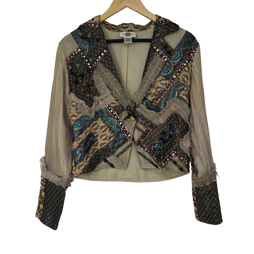 Sandy Starkman Womens Wearable Art Patchwork‎ Jacket Gold Metallic Sequin Small